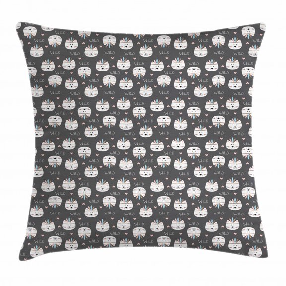 Kids Girls Throw Pillow Cushion Cover, Cartoon Style Upside Down Smiling Tribal Native Cats with Little Hearts, Decorative Square Accent Pillow Case, 24 X 24 Inches, Grey and Ivory, by Ambesonne