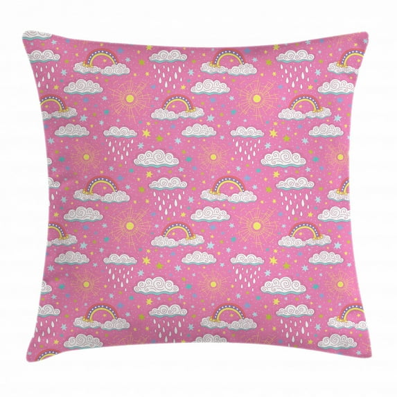 Kids Girls Throw Pillow Cushion Cover, Doodle Style Pattern with Sunshower Rainy Clouds Rainbow and Colorful Stars, Decorative Square Accent Pillow Case, 24 X 24 Inches, Multicolor, by Ambesonne