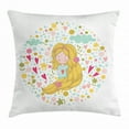 thumbnail image 1 of Kids Girls Throw Pillow Cushion Cover, Little Kid with Pinkish Cheeks and Long Hair Surrounded by Spring Nature Cartoon, Decorative Square Accent Pillow Case, 20 X 20 Inches, Multicolor, by Ambesonne, 1 of 2