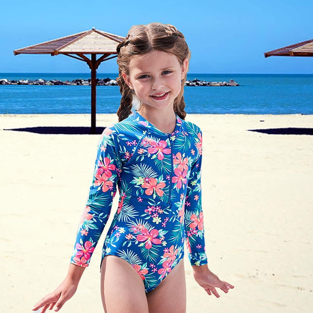 Kids Girls Tropical Flower One Piece Swimsuits Swimwear Long Sleeve Rash  Guard Zipper Front Bathing Suit