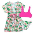 thumbnail image 1 of Kids Girls Tropical Print 3 Piece Bikini Swimsuit Set Quick Dry Swimwear Bathing Suit with Kimono Drawstring Coverup, 1 of 7