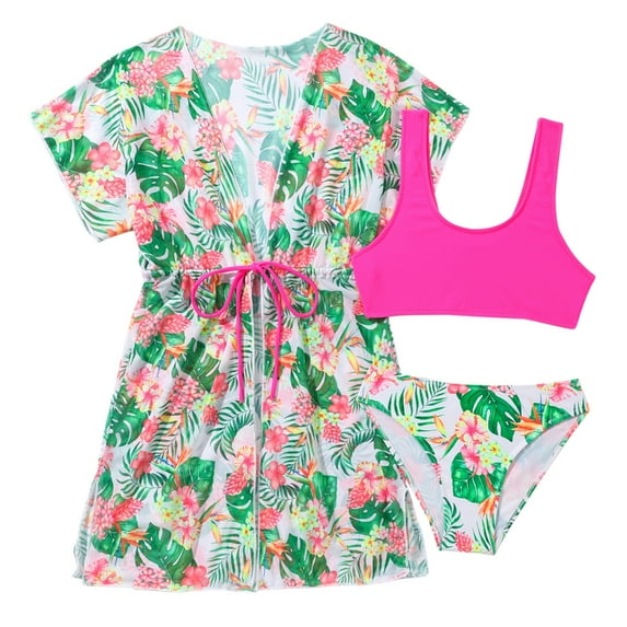 Kids Girls Tropical Print 3 Piece Bikini Swimsuit Set Quick Dry Swimwear Bathing Suit with Kimono Drawstring Coverup
