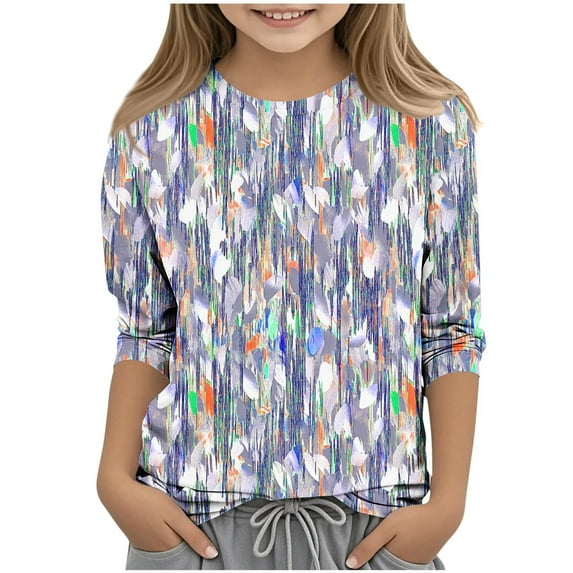 Kids Girls Tshirts Fashion Floral Print 3/4 Sleeve Summer Tops Graphic Basic Crewneck Tee Shirts Loose Fit (11 Years, Blue)