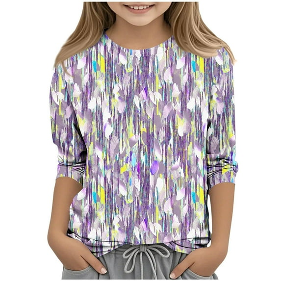 Kids Girls Tshirts Fashion Floral Print 3/4 Sleeve Summer Tops Graphic Basic Crewneck Tee Shirts Loose Fit (11 Years, Purple)