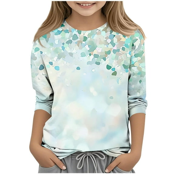 Kids Girls Tshirts Fashion Floral Print 3/4 Sleeve Summer Tops Graphic Basic Crewneck Tee Shirts Loose Fit (3 Years, Mint Green)