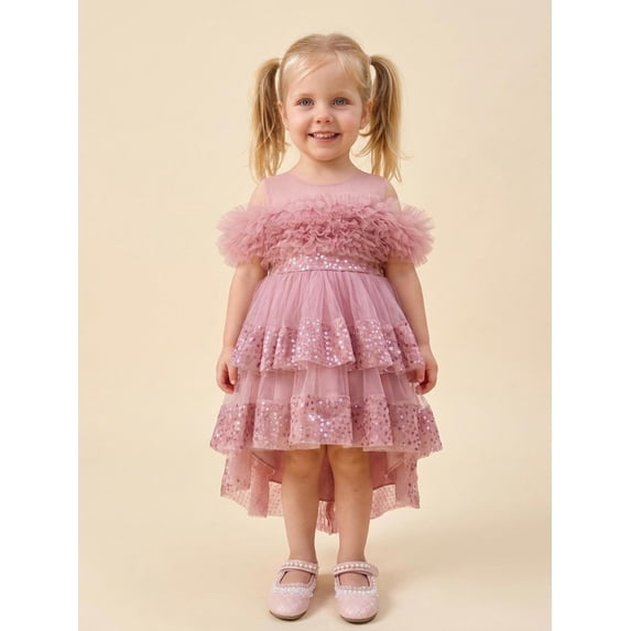 Kids Girls Tulle Ball Gown Shiny Sequins Round Neck High Low Party Dresses for Birthday Wedding Dress
