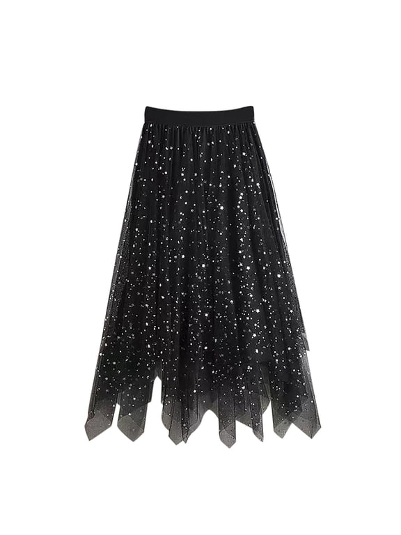 Kids Girls Tulle Skirts Star Sequin Tulle Long Sequin Tutu Skirts Little Girls Kids Sparkly Layered Elastic Waist A Line Skirts