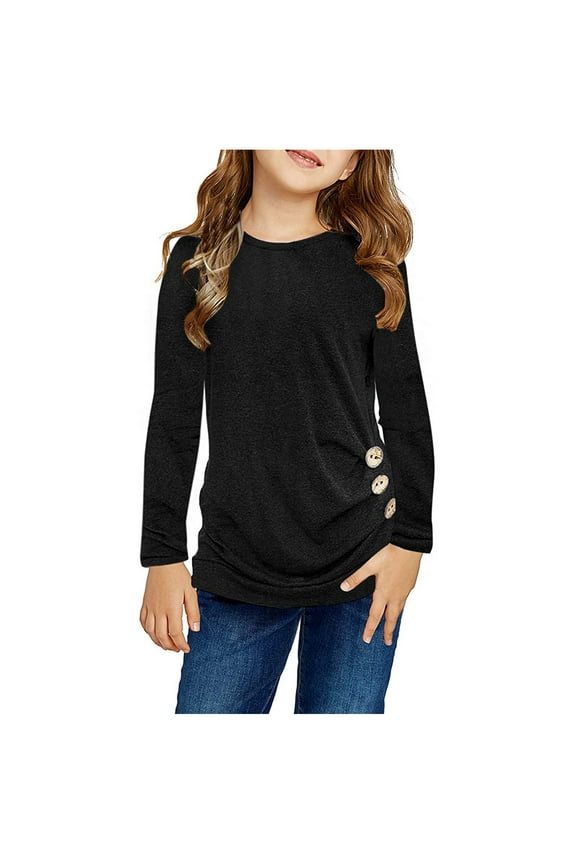 Kids Girls Tunic Tops 2024 New Crewneck Ultra Soft Solid Color Mamas Girl Shirt Long Sleeve Comfortable Casual Pullover Sweatshirt with Side Buttons Clothes for Junior Girls Girls Undershirts 2