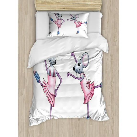 Kids Girls Twin Size Duvet Cover Set, Watercolor Style Illustration Dancing Ballerina Mice with Pink in Pink Dresses, Decorative 2 Piece Bedding Set with 1 Pillow Sham, Multicolor, by Ambesonne
