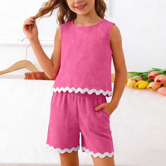 Kids Girls Two Piece Outfit Textured Sleeveless Tank Top And Scalloped Trim Pocket Shorts Set Children Casual Summer Clothes Tween Playwear Suit Active Lounge Apparel