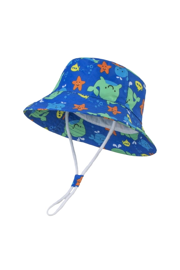 Kids Girls UPF 50+ Sun Hat Blue Adjustable Chin Strap Wide Brim Bucket Hat for Beach Summer Ocean Print,Size 50