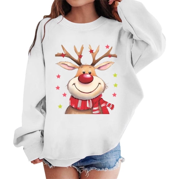Kids Girls Christmas Sweatshirt Reindeer Print Long Sleeve Crew Neck Shirts Winter Warm Holiday Fashion Xmas Tunic Tops