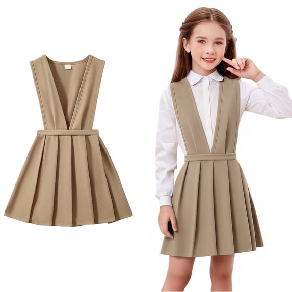 Kids Girls Uniform Dress Pleated Knee Length Sleeveless Khaki Uniform Dresses for Girls Boys Back To School Clothes Kids Uniform Jumper for Girls 6-7 Years