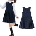thumbnail image 1 of Kids Girls Uniform Dresses A-Line Pleated Hem Knee Length Sleeveless Navy Uniform Dresses for Girls Boys Back To School Clothes Kids School Uniform for Girls 9-10 Years, 1 of 7
