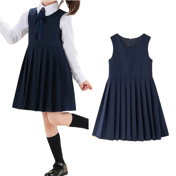 Kids Girls Uniform Dresses A-Line Pleated Hem Knee Length Sleeveless Navy Uniform Dresses for Girls Boys Back To School Clothes Kids School Uniform for Girls 9-10 Years
