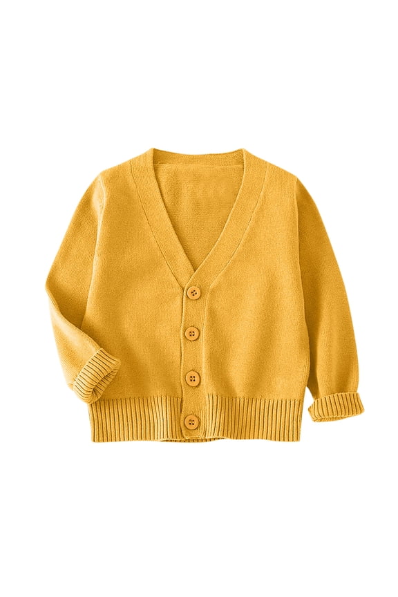 Kids Girls V-Neck Knitted Cardigan Long Sleeve Soft Cotton Sweater Casual Wear for Fall Winter 2-12 Years Old Lightweight Fashion Top Yellow 9-10 Years