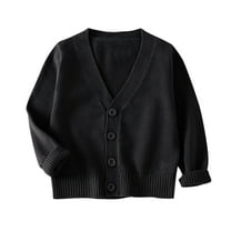 Kids Girls V-Neck Knitted Cardigan Long Sleeve Soft Cotton Sweater Casual Wear for Fall Winter 2-12 Years Old Lightweight Fashion Top Black 4-5Years