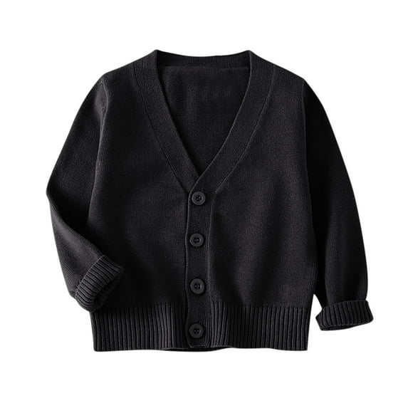 Kids Girls V-Neck Knitted Cardigan Long Sleeve Soft Cotton Sweater Casual Wear for Fall Winter 2-12 Years Old Lightweight Fashion Top Black 4-5Years