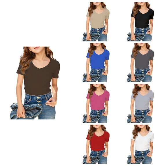 Kids Girls V-Neck Ribbed Tops, Form-Fitting Short Sleeve Tees, Soft Knit T-Shirts for Girls, Fashion Casual Tops for All Seasons