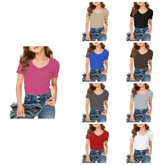 Kids Girls V-Neck Ribbed Tops, Form-Fitting Short Sleeve Tees, Soft Knit T-Shirts for Girls, Fashion Casual Tops for All Seasons