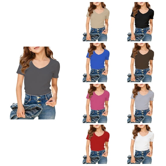 Kids Girls V-Neck Ribbed Tops, Form-Fitting Short Sleeve Tees, Soft Knit T-Shirts for Girls, Fashion Casual Tops for All Seasons