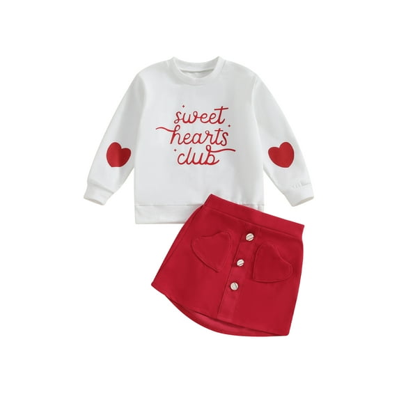 Kids Girls Valentine's Day Outfits 4 5 6 7 Years Sweet Hearts Club Print Long Sleeve Sweatshirt Top Belted Skirt Set