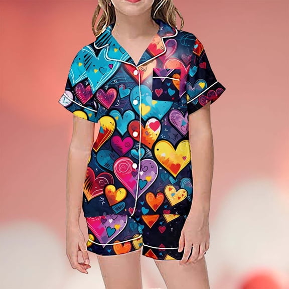 Kids Girls Valentine's Day Printed Short Sleeve Shorts Two Piece Pajama Set Size 8-9 Years