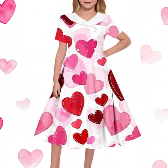 Kids Girls Valentines Day Dress Heart Print Peter Pan Collar Short Sleeve A-Line Party Dress for Spring Summer Watermelon Red,Size 9-10 T