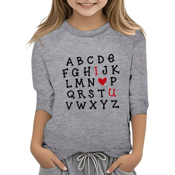 Kids Girls Valentines Day Shirt 3/4 Sleeve Fashion Letter Print Tee Top Casual Round Neck Oversized Pullover Tops Graphic Tees Summer Clothing Grey 3-4 Years