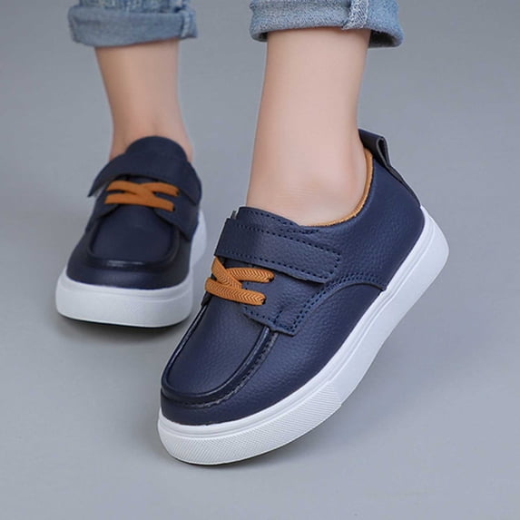 Kids Girls Velcro Sneakers Non-Slip Lightweight Breathable PU Faux Leather Casual Shoes Dark Blue,Size 26