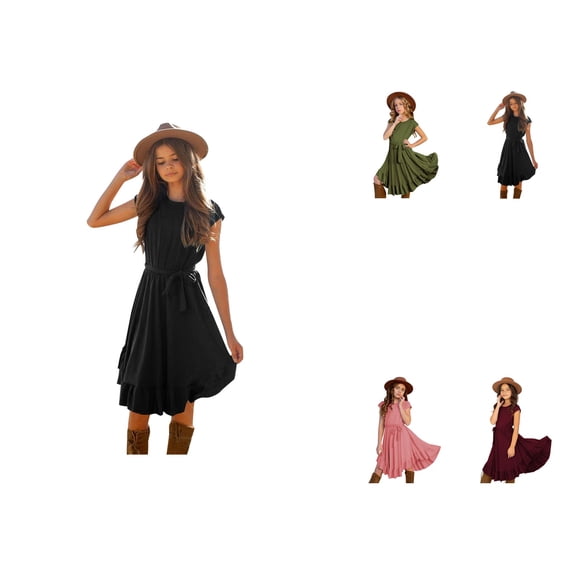 Kids Girls Vintage Swing Dress with Ruffles & Short Sleeves – Solid Retro Rockabilly Party Dress for Ages 7-12, Lightweight Summer Casual Street Style Outfit