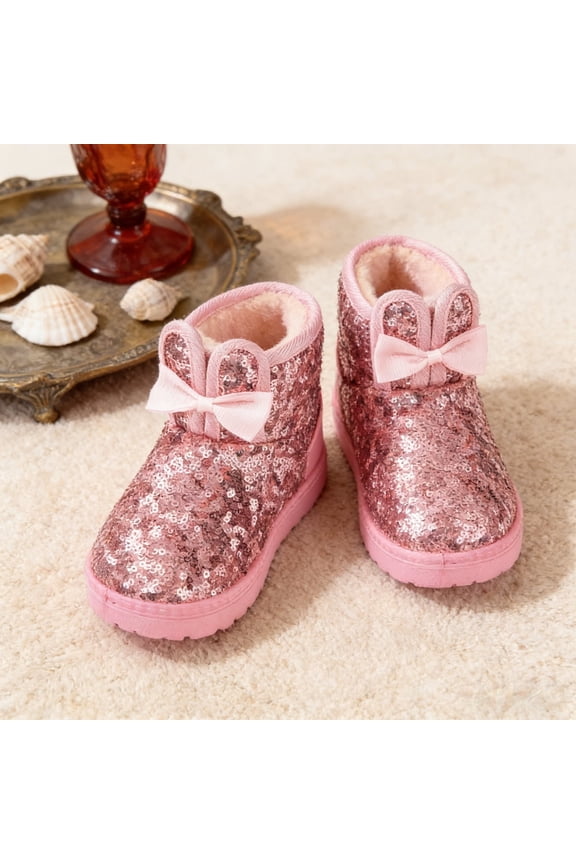 Kids Girls Warm Winter shoes Sequin Sparkly Ankle Boots with Rabbit Ear Bowknot Fleece Lined Non-Slip Snowshoes