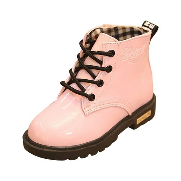 Kids Girls Waterproof Patent Leather Combat Boots Lace Up Side Zipper Ankle Booties for Toddler