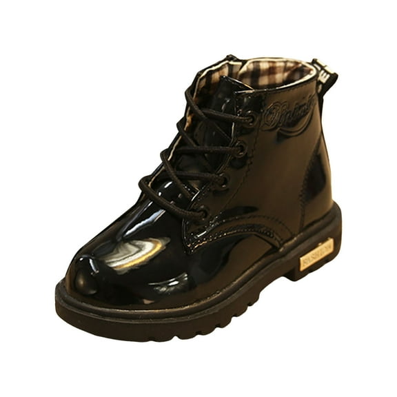 Kids Girls Waterproof Patent Leather Combat Boots Lace Up Side Zipper Ankle Booties for Toddler