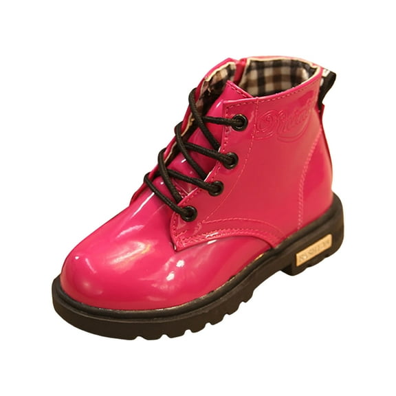 Kids Girls Waterproof Patent Leather Combat Boots Lace Up Side Zipper Ankle Booties for Toddler