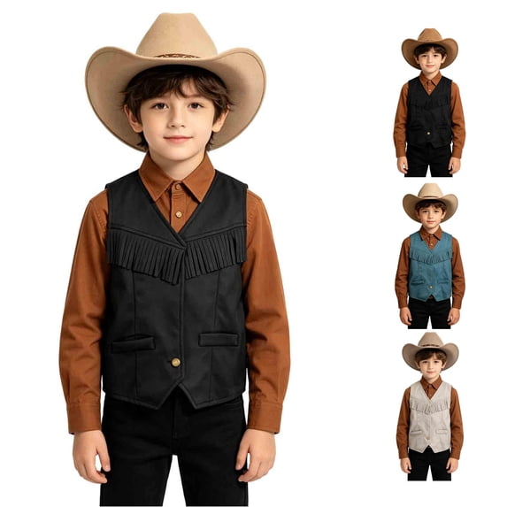 Kids Girls Western Vest Sleeveless Tassel Vest Halloween Cowboy Costume For Boys For Kids Western Outfit 3-12 Years