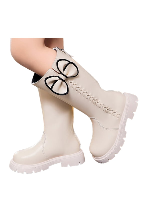 Kids Girls White Bowknot Knee High Boots Wide Calf Slip On Riding Booties Platform Non Slip Princess Shoes