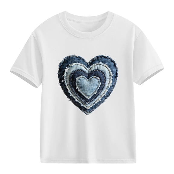 Kids Girls White Heart T-Shirt Valentine's Day Shirt Layered Denim Short Sleeve Top Soft Cotton Casual,Size 4 T