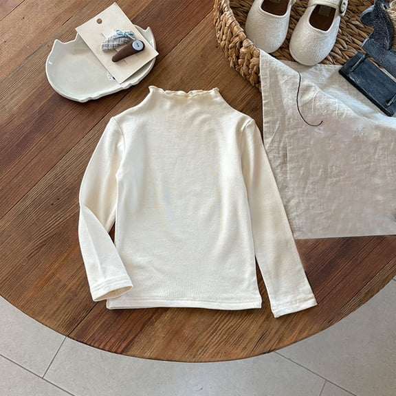 Kids Girls White Ruffled Mock Turtleneck Long Sleeve Shirt - 100% Cotton Soft Skin-Friendly Casual Layering Top for Kids (1-7 Years, Machine-Washable & Durable),Size 4-5T