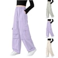 thumbnail image 1 of Kids Girls Wide Leg Cargo Trousers Baggy Pants Pocket Elastic Waist Lightweight School Casual Outdoor Streetwear Bottoms Purple 13-14 Years, 1 of 6