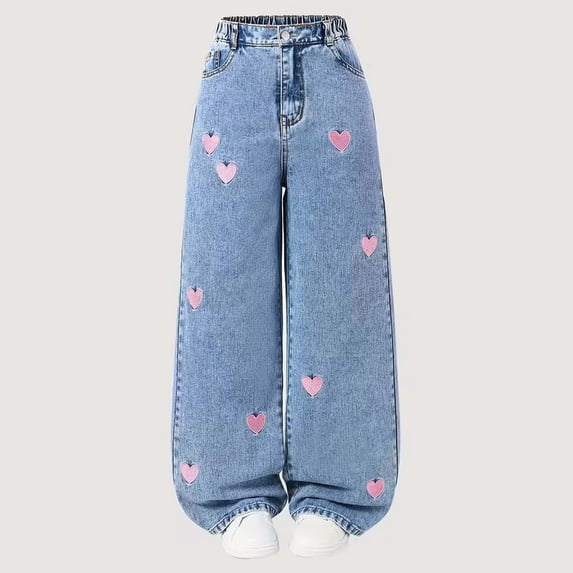 Kids Girls Wide Leg Jeans Elastic Waist Soft Denim Loose Fit Cherry Embroidered Pants for School Party Daily Wear Cute Trousers, 5T-15Y