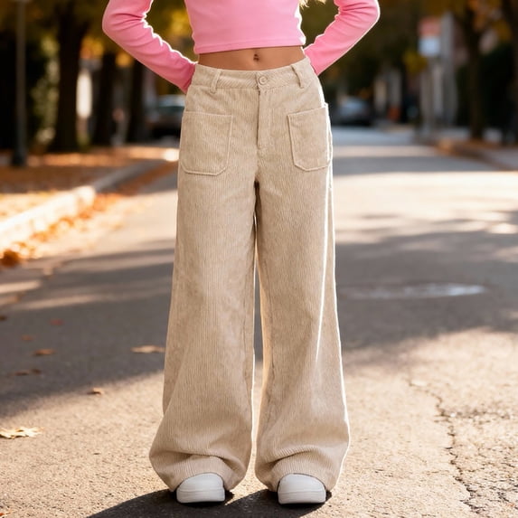 Kids Girls Wide Leg Loose Pants Kids Solid Corduroy Wide Leg Pants Button Front Zipper Straight Pants for Youth Girls Bottoms Trousers with Pockets 5-6T