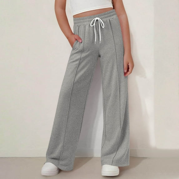 Kids Girls Wide Leg Pants Elastic Waist Drawstring Sweatpants Loose Fit Straight Leg Trousers for School Casual Daily Wear, 4T-15Y