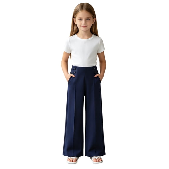 Kids Girls Wide Leg Pants High Waist Double Button Detail Straight Trousers Classic Casual School Outfit 3-13Y
