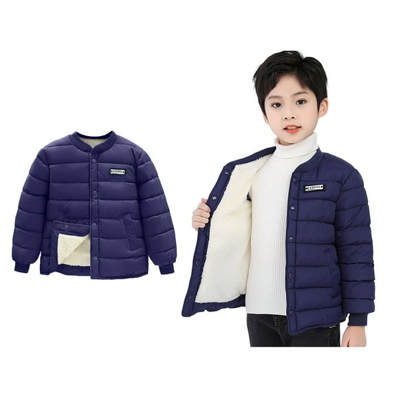 Kids Girls Winter Coat,Boys Puffer Coat with Pocket Button Dark Blue Coat Solid Color Long Sleeve Kids Puffer Jacket Grils Winter Coats Size 3-4 Years