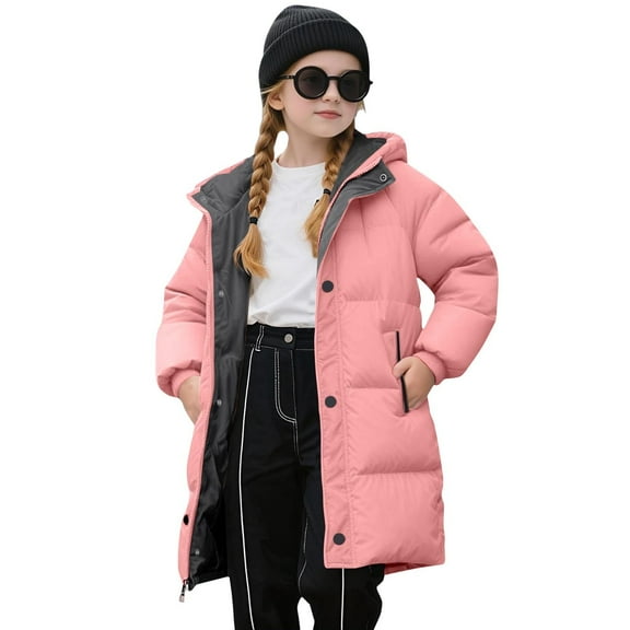 Kids Girls Winter Coat Heavyweight Hooded Mid-Length Puffer Jacket Quilted Padded Warm Zip Up Down Jackets with Pockets, Pink 140