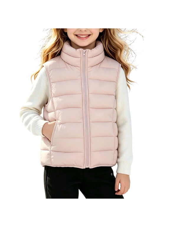 Kids Girls Winter Puffer Vest Lightweight Sleeveless Jacket Kids Boys Girls Quilted Vest Stand Collar Zip Up Lightweight Padded Gilet for 7-15 Years Old Fall Winter School Daily Wear