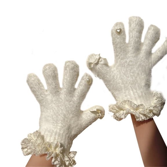 Kids Girls Winter Thickened Plush Gloves Princess Cute Heart Bowknot Ruffle Lace Trim Full Finger Gloves Hand Warmer