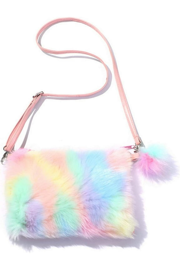 Kids Girls Women Fuzzy Plush Crossbody Bag Rainbow Tie Dye Clutch Shoulder Handbag with Pompom