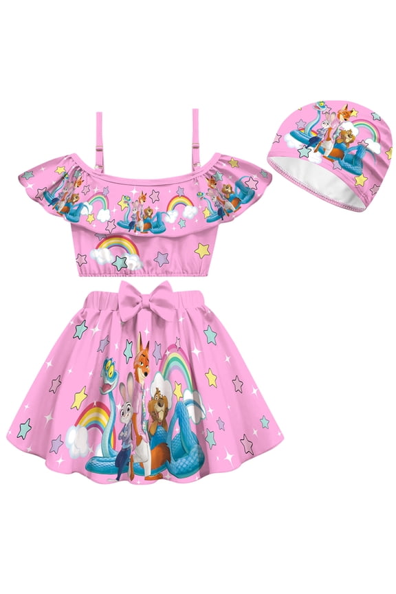 Kids Girls Zootopia2 Anime Cartoon Graphics Printed Costume Rash Guard Beachwear Hat 3 Pieces Swimsuit Sets Ruffles Bow Dress UPF 50+ Swimwear Summer Beach Party Princess Sport Bathing Suit 3-10